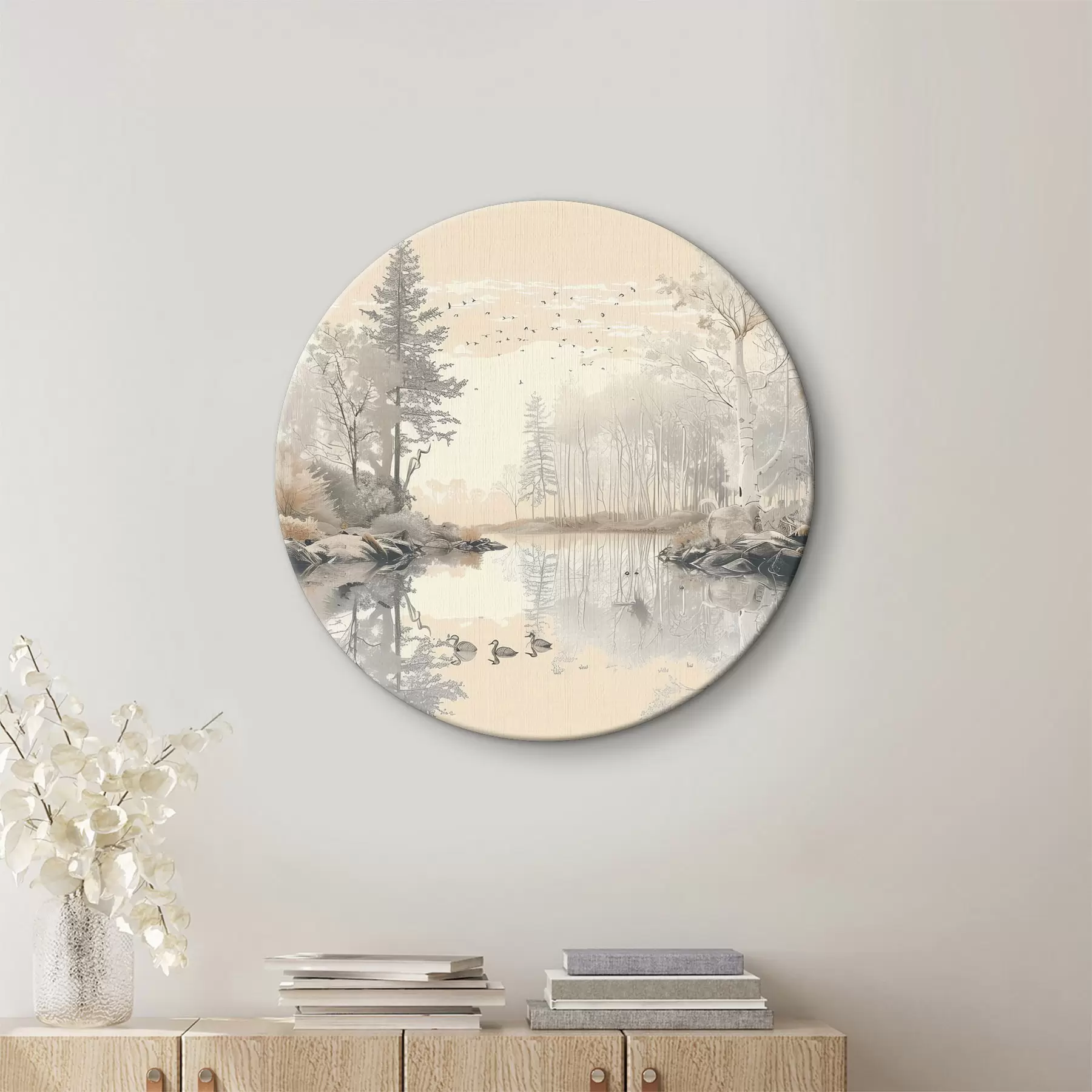  Schilderijen Prachtig natuurlandschap, vijver en bomen, wilde dieren, zachte pastelkleuren r39980