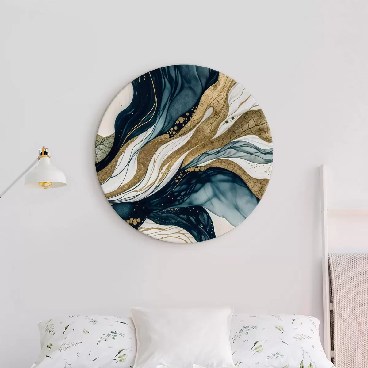 Ronde schilderijen Een wervelende, abstracte, gestructureerde compositie met vloeiende, organische vormen in tinten blauw, groen en geel r40172