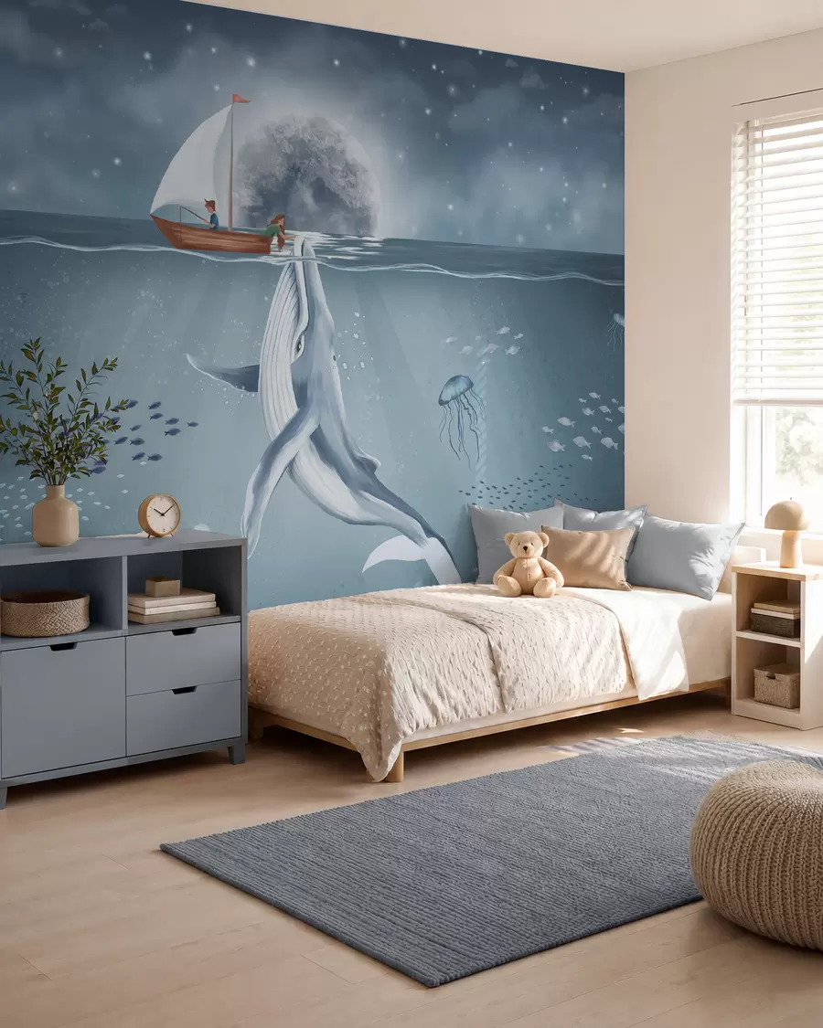 Fotobehang Walvis naast een maanlichtboot w02476