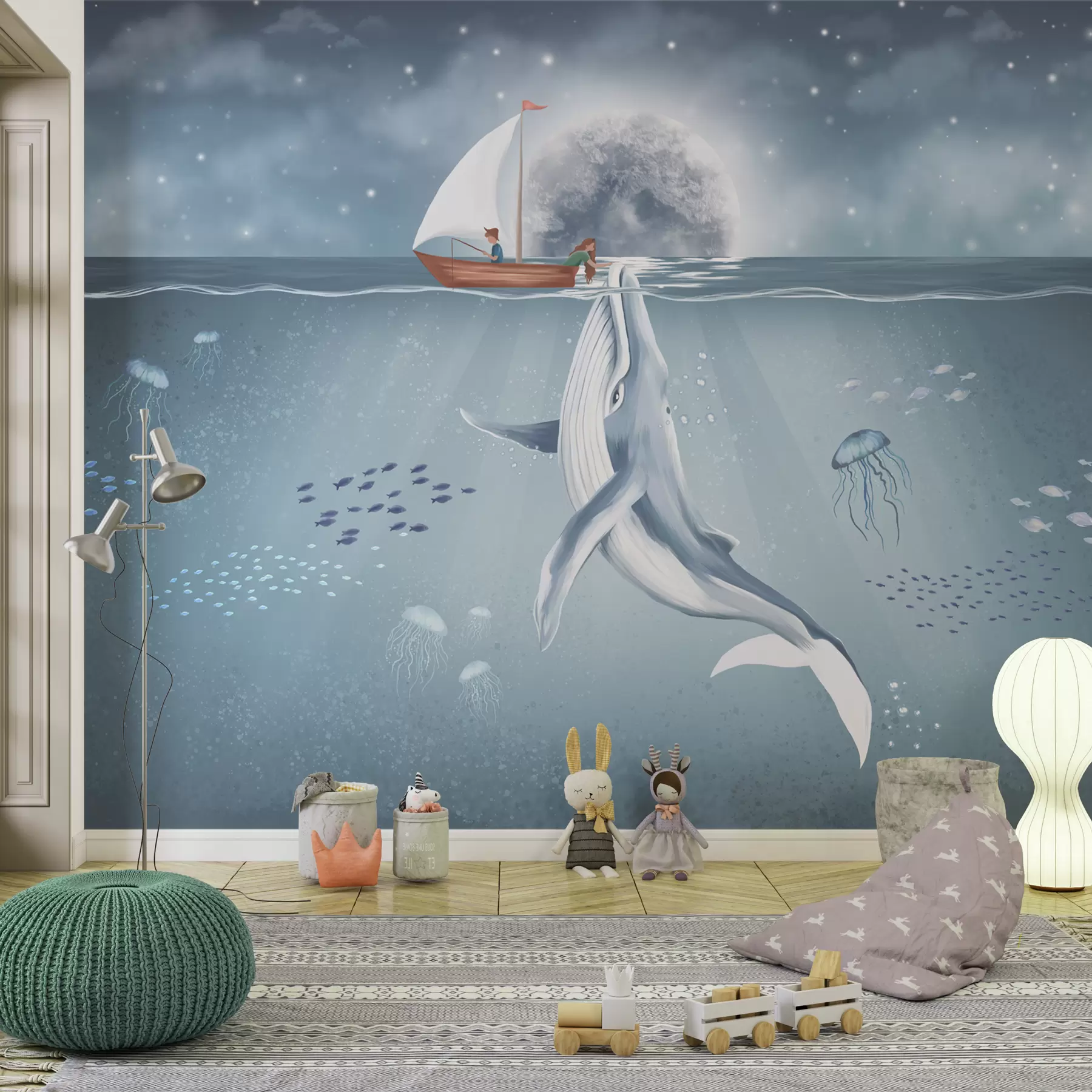 Fotobehang Kinderontwerp met walvis, maan en boot met kinderen w02476