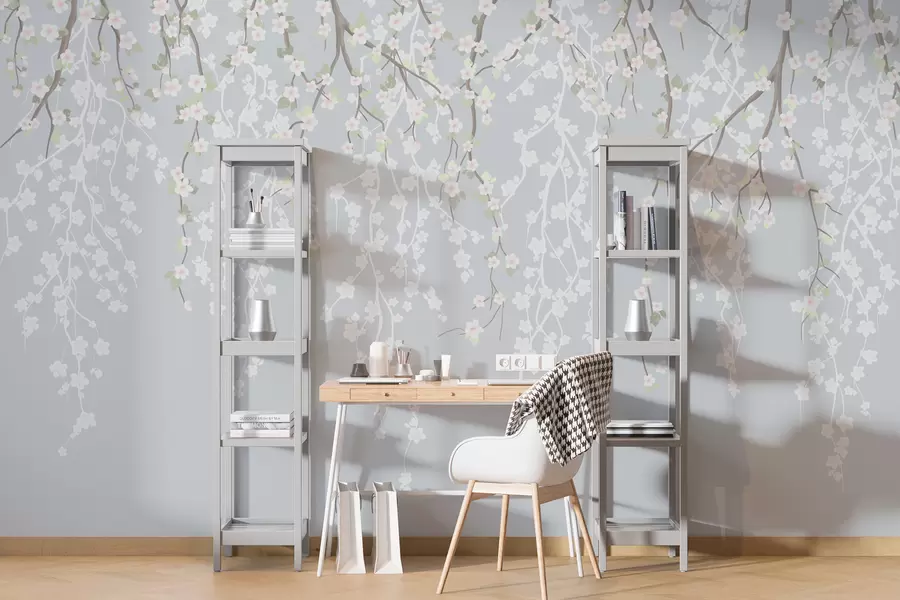 Fotobehang Vallende takken met bloemen op een blauwe achtergrond w02479