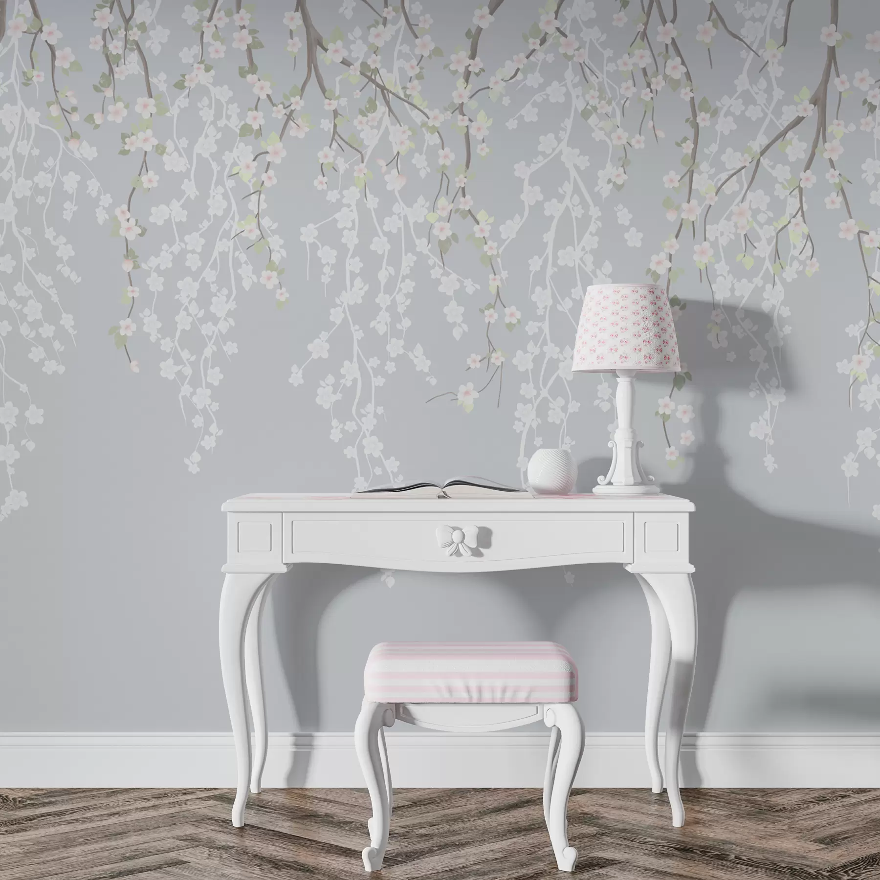 Fotobehang Vallende takken met bloemen op een blauwe achtergrond w02479