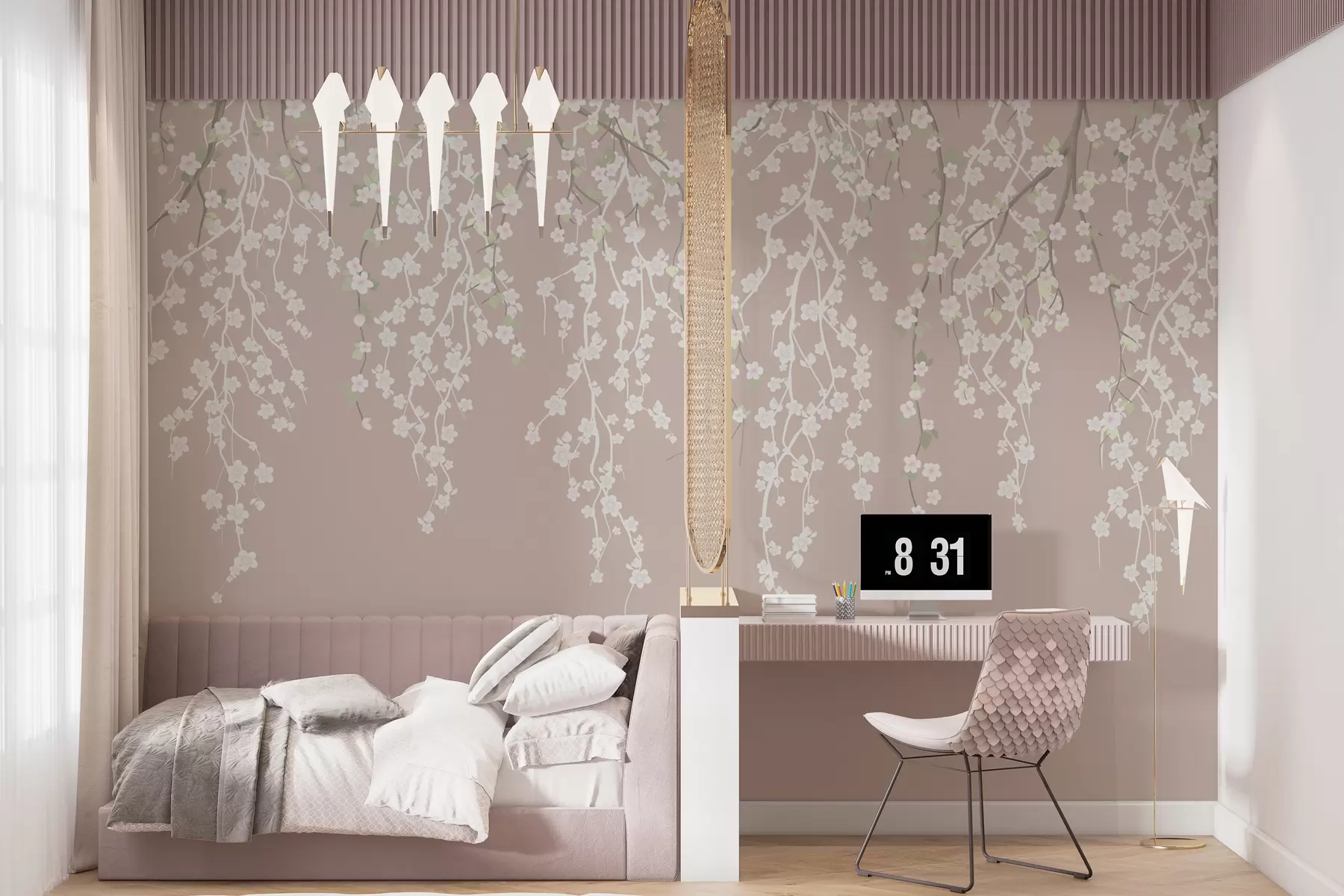 Fotobehang Vloeiende takken met bloemen op een pastelkleurige achtergrond w02479v2
