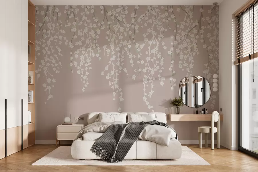Fotobehang Vloeiende takken met bloemen op een pastelkleurige achtergrond w02479v2