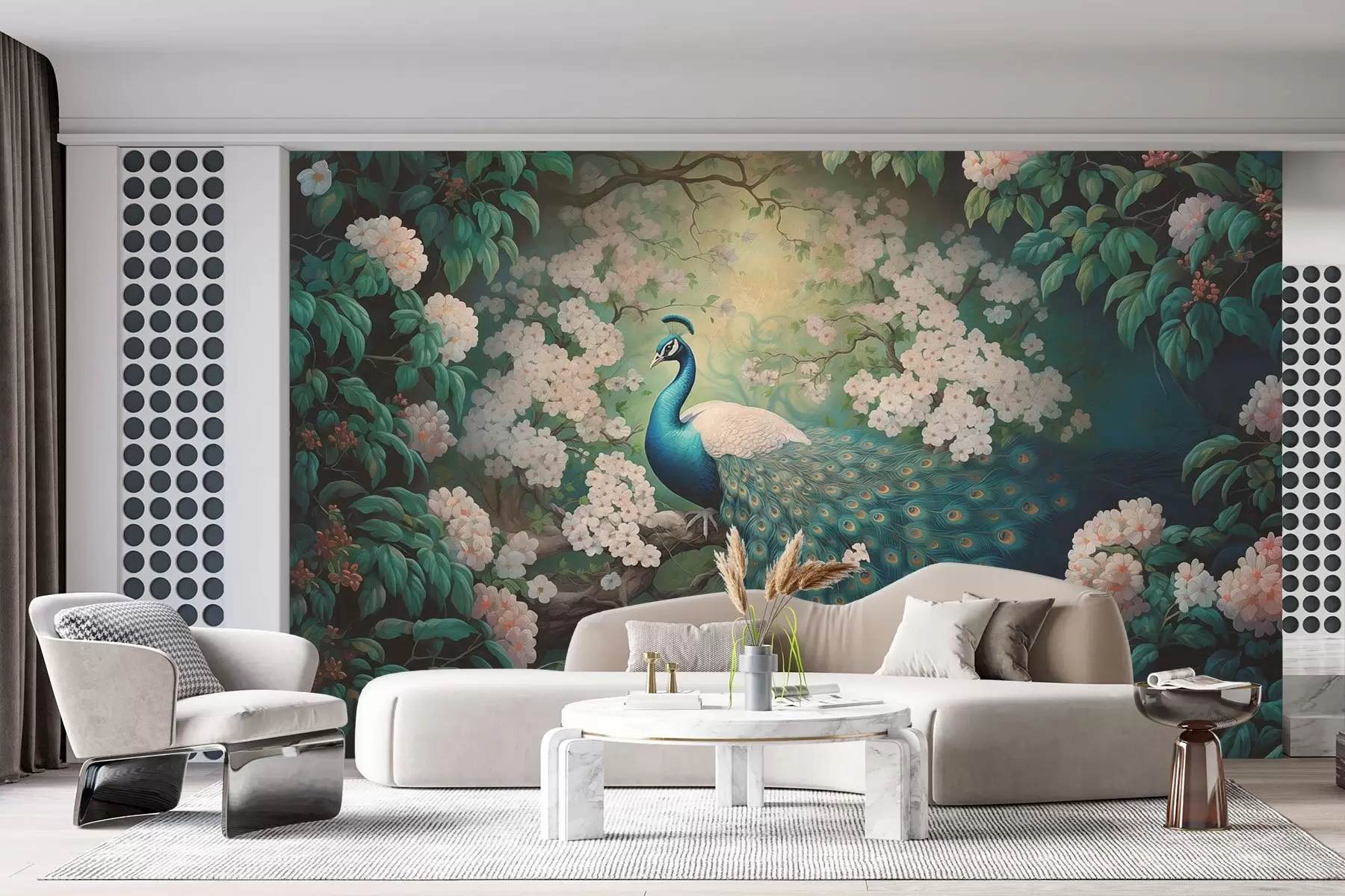 Fotobehang Mooie pauw op takken tussen kleine bloemen w08475