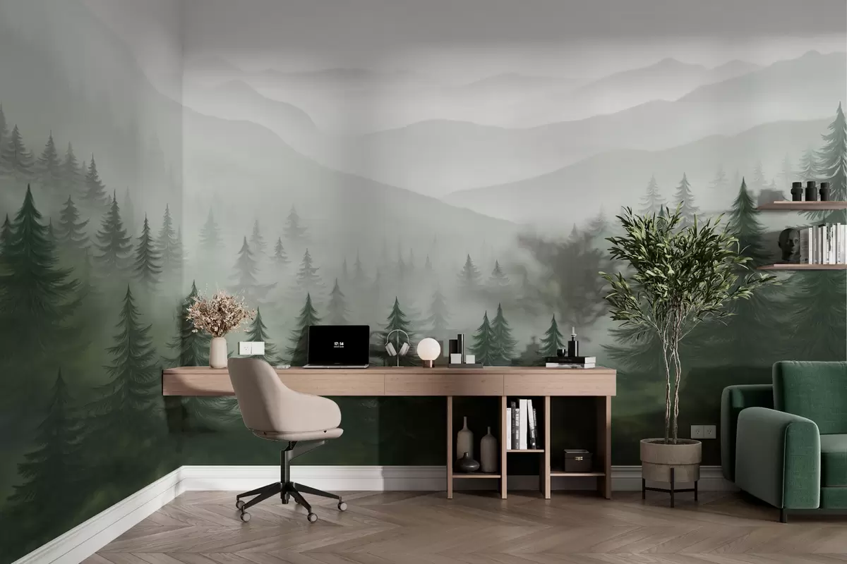 Fotobehang Nevelig groen bos w02450