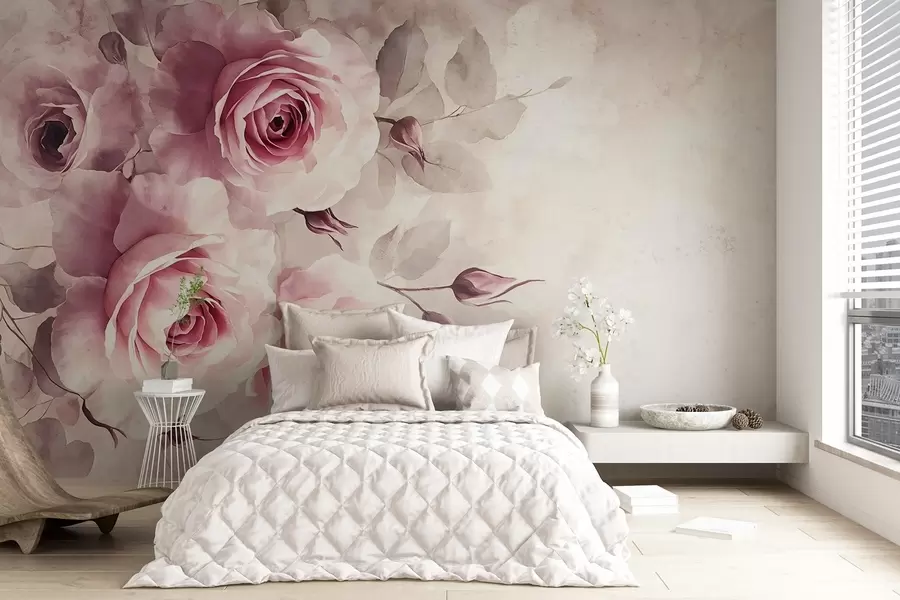 Fotobehang Delicate pastelroze rozen en bladeren met zachte, vage aquarelimitatieachtergrond w08459
