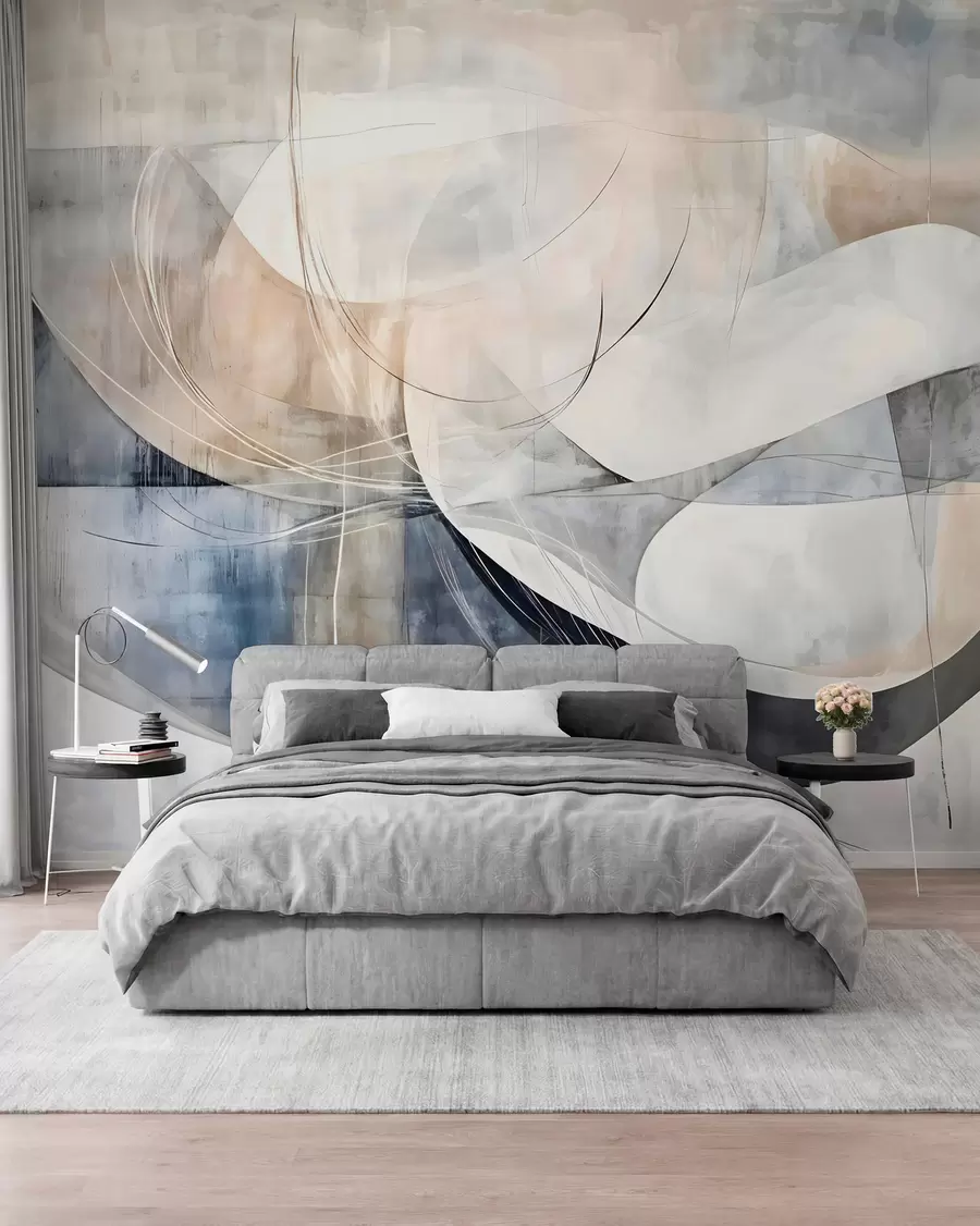 Fotobehang Abstracte vormen in wit, grijs, beige en blauw tegen een vage achtergrond met textuur w08461