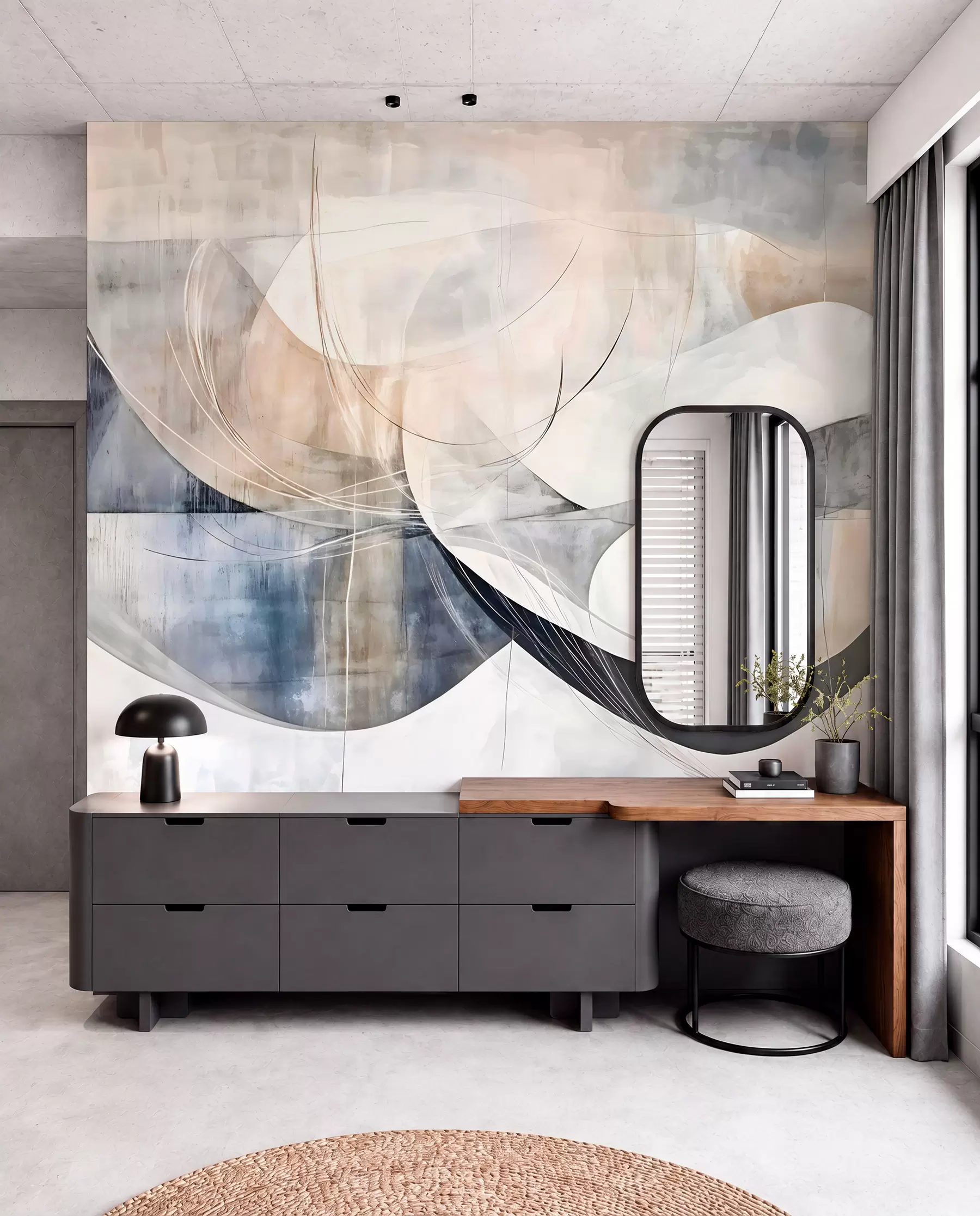 Fotobehang Abstracte vormen in wit, grijs, beige en blauw tegen een vage achtergrond met textuur w08461
