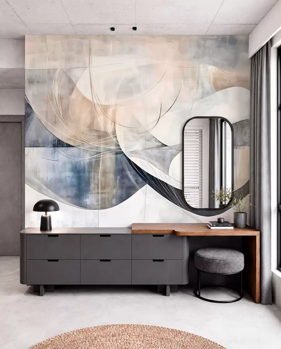 Fotobehang Abstracte vormen in wit, grijs, beige en blauw tegen een vage achtergrond met textuur w08461