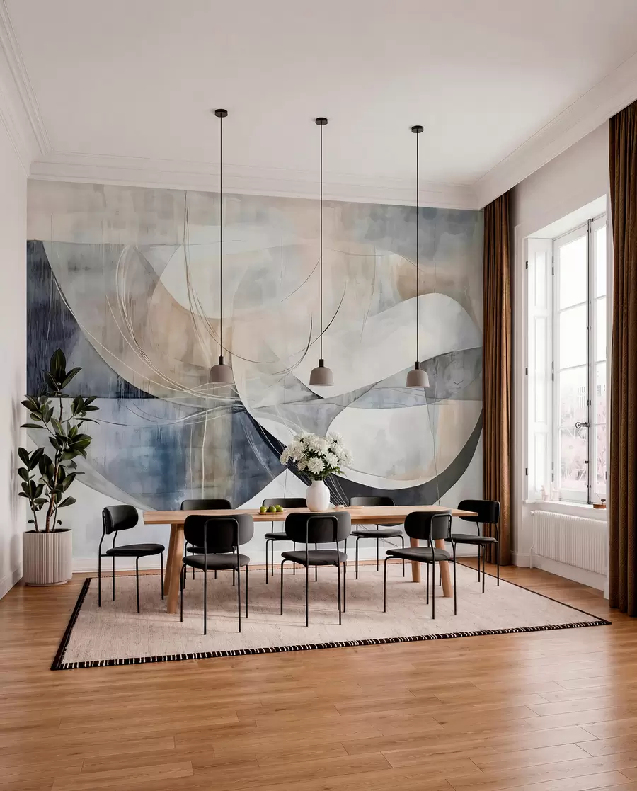 Fotobehang Abstracte vormen in wit, grijs, beige en blauw tegen een vage achtergrond met textuur w08461
