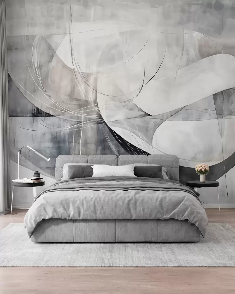 Fotobehang Abstracte vormen in witte, grijze en zwarte tinten tegen een onscherpe achtergrond met structuur w08461v1