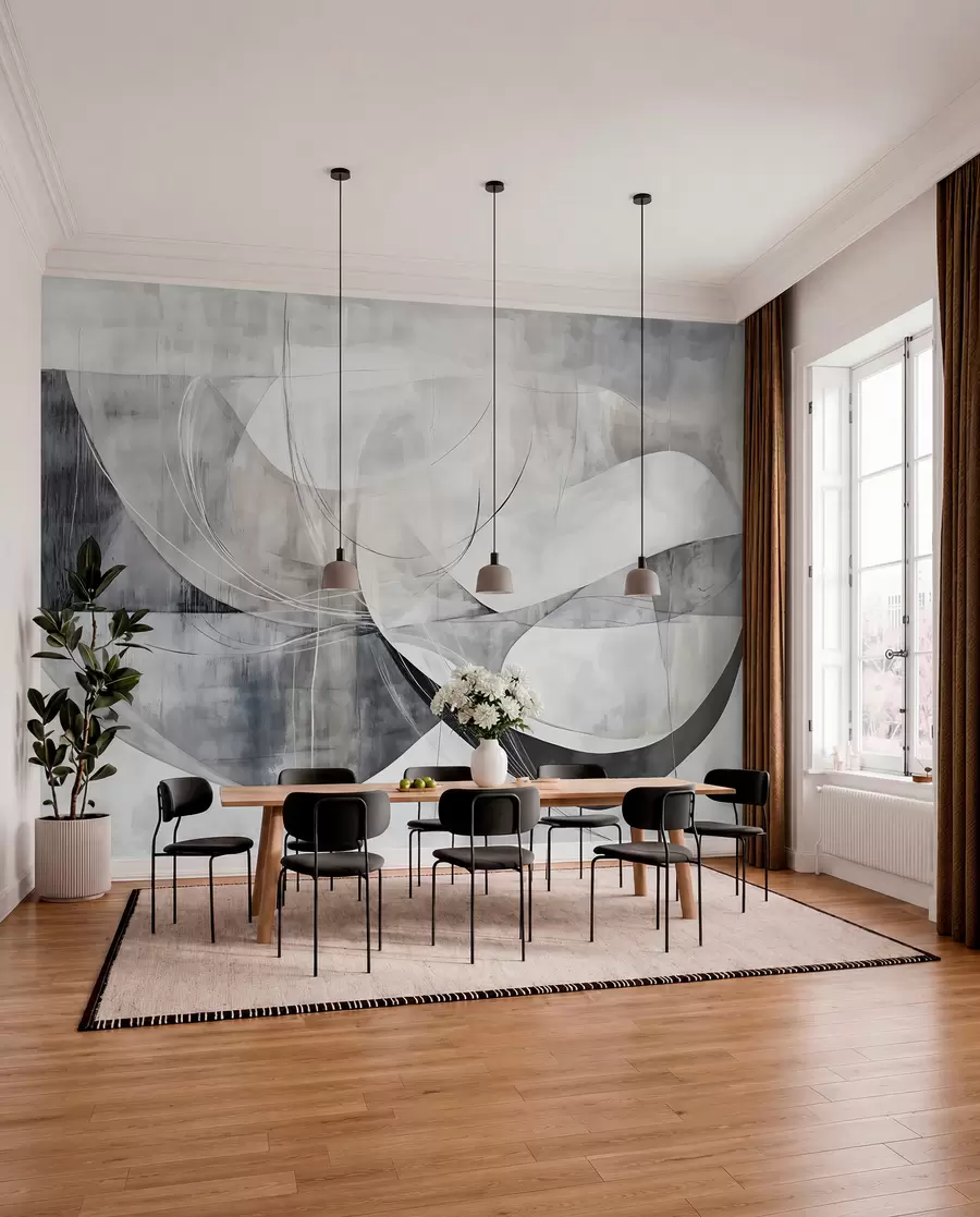Fotobehang Abstracte vormen in witte, grijze en zwarte tinten tegen een onscherpe achtergrond met structuur w08461v1