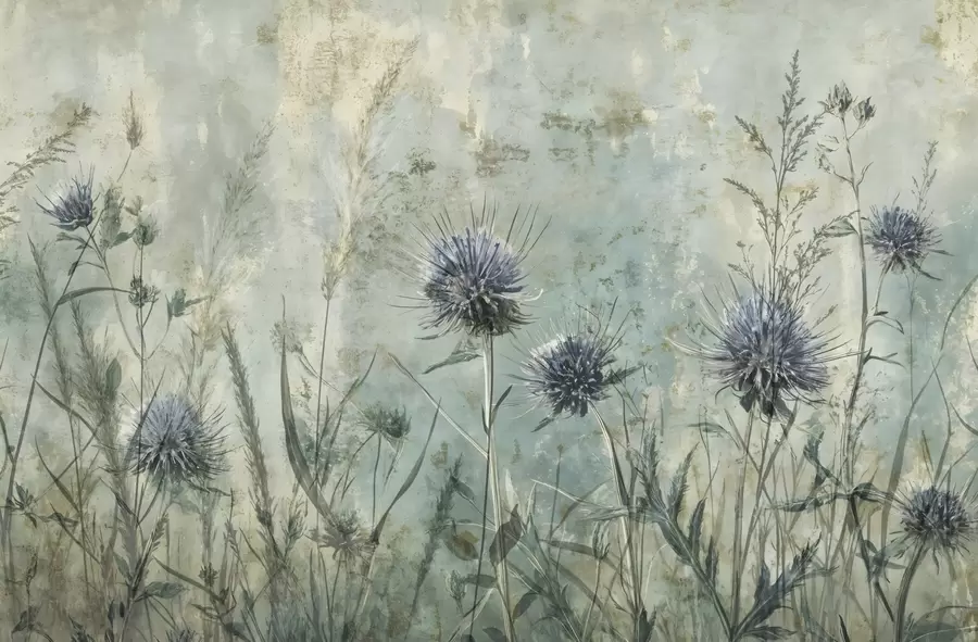 Fotobehang Een veld met paarse distelbloemen met onscherpe bloemen en gebladerte in de vintage textuurachtergrond w08463