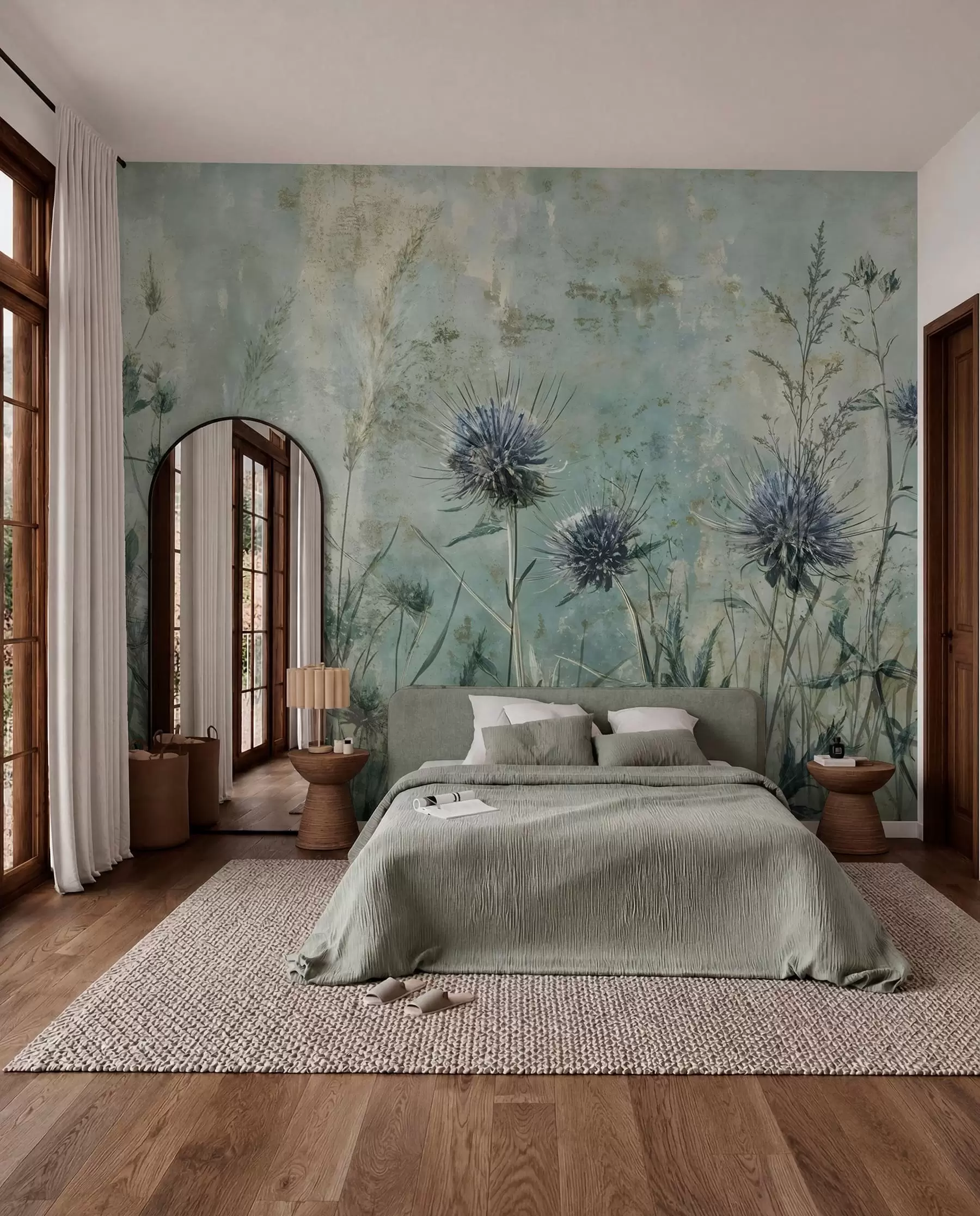 Fotobehang Een veld met paarse distelbloemen met onscherpe bloemen en gebladerte in de vintage textuurachtergrond w08463