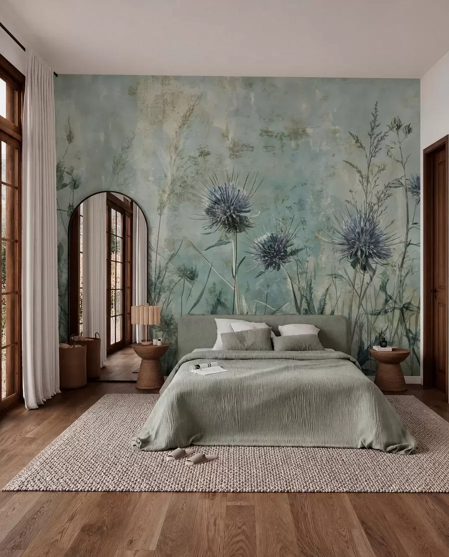 Fotobehang Een veld met paarse distelbloemen met onscherpe bloemen en gebladerte in de vintage textuurachtergrond w08463