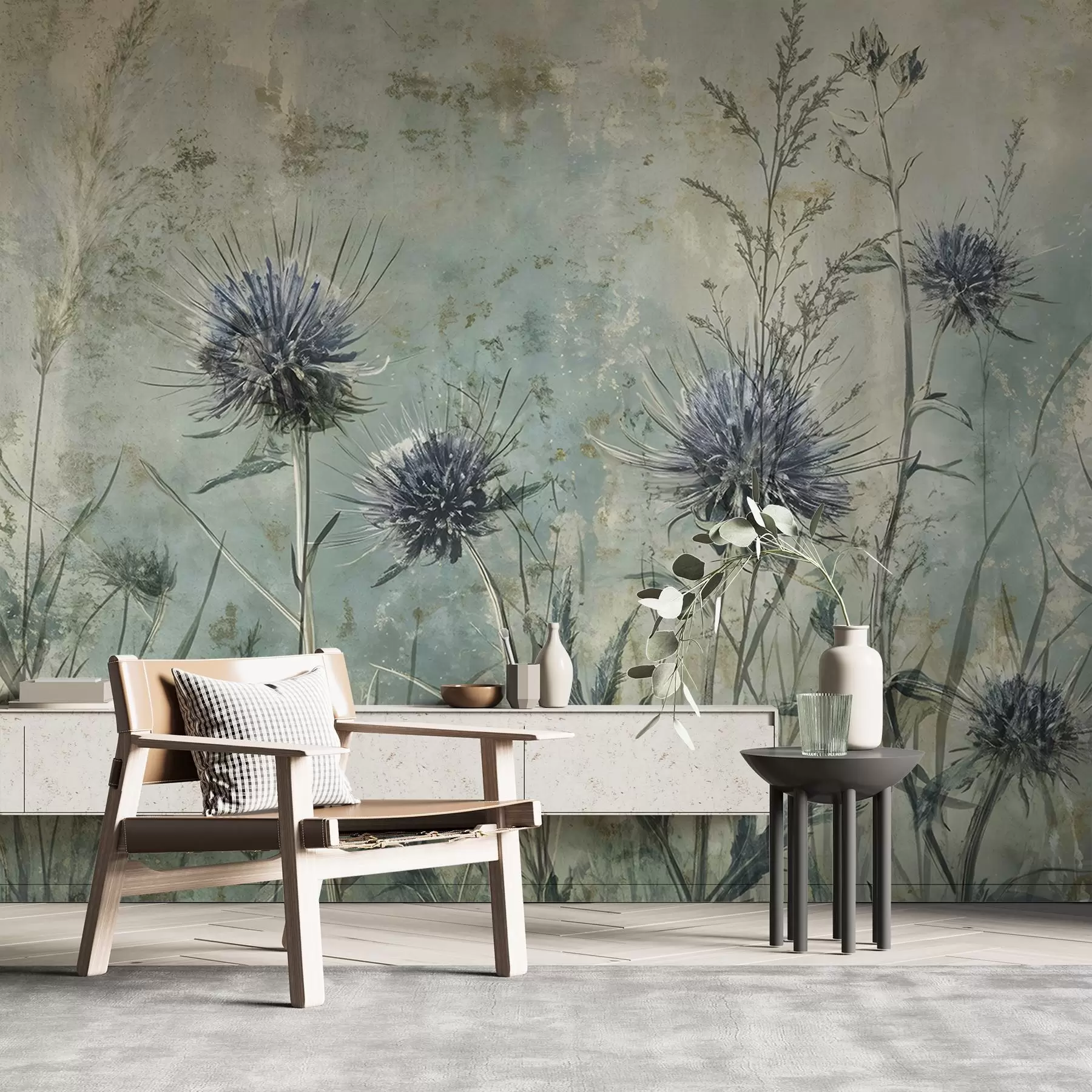 Fotobehang Een veld met paarse distelbloemen met onscherpe bloemen en gebladerte in de vintage textuurachtergrond w08463