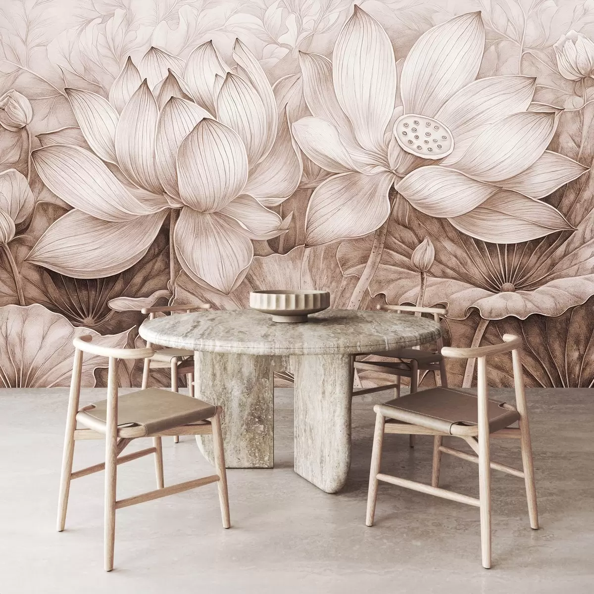 Fotobehang Verschillende gedetailleerde getextureerde grote beige lotusbloemen met bruine bladeren en stengels tegen een lichte achtergrond w08465v1