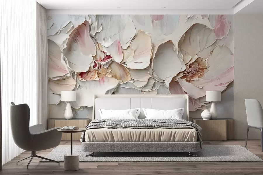 Fotobehang Delicate, lichtroze bloemen met zachte, gelaagde bloemblaadjes op een gedempte, getextureerde achtergrond impasto olieverfschilderij imitatie w08467