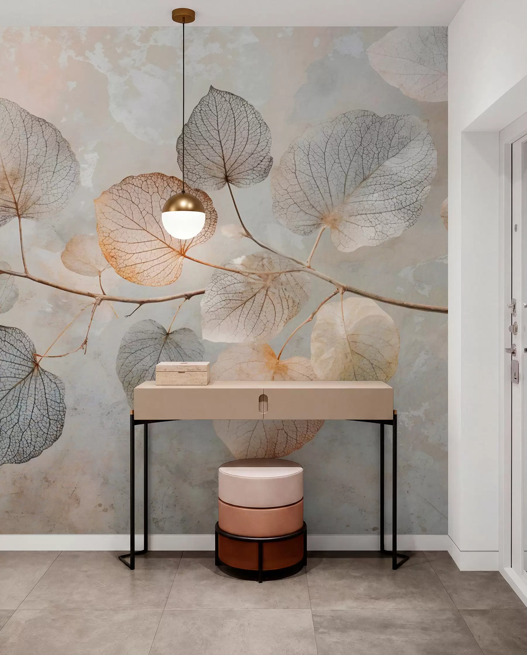 Fotobehang Delicate blaadjes met ingewikkelde nerven en zachte, gedempte kleuren tegen een bleke achtergrond met textuur w08469