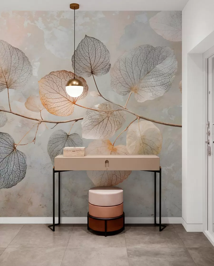 Fotobehang Delicate blaadjes met ingewikkelde nerven en zachte, gedempte kleuren tegen een bleke achtergrond met textuur w08469