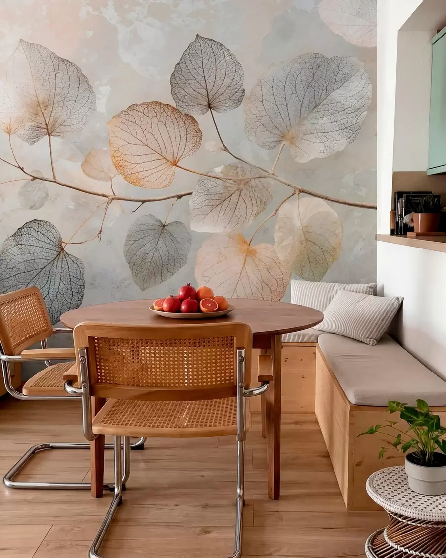 Fotobehang Delicate blaadjes met ingewikkelde nerven en zachte, gedempte kleuren tegen een bleke achtergrond met textuur w08469