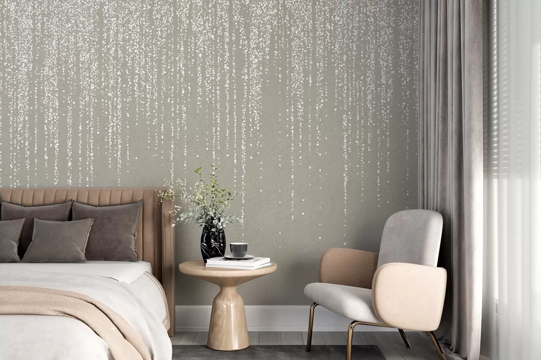 Fotobehang Een verticale, elegante print van gestippelde slingers op een beige achtergrond met structuur, die diepte en beweging creëert w08470