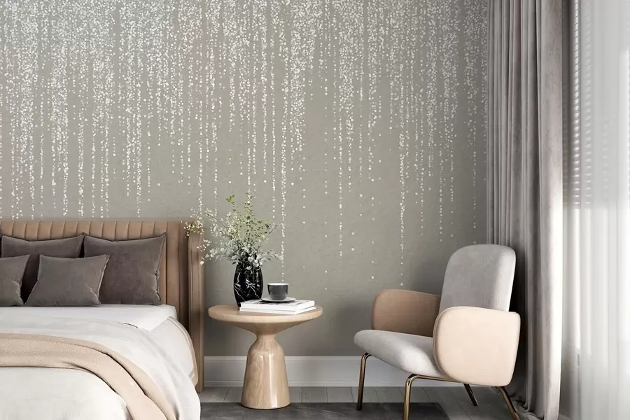 Fotobehang Een verticale, elegante print van gestippelde slingers op een beige achtergrond met structuur, die diepte en beweging creëert w08470