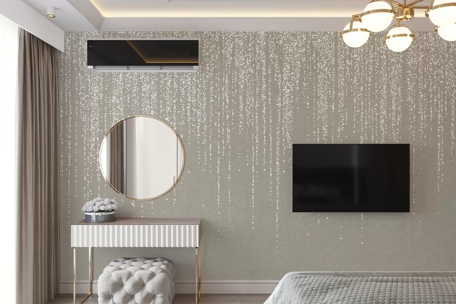 Fotobehang Een verticale, elegante print van gestippelde slingers op een beige achtergrond met structuur, die diepte en beweging creëert w08470
