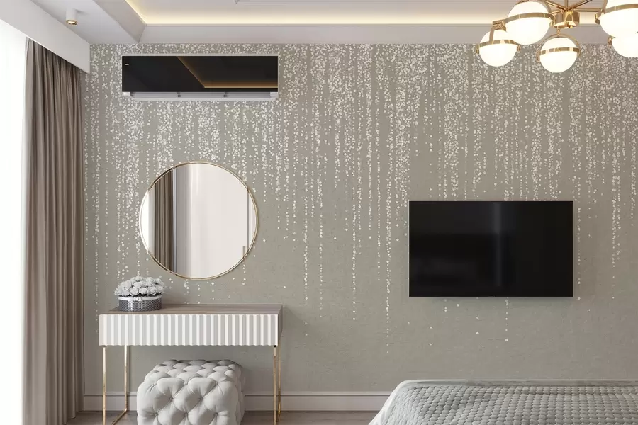 Fotobehang Een verticale, elegante print van gestippelde slingers op een beige achtergrond met structuur, die diepte en beweging creëert w08470