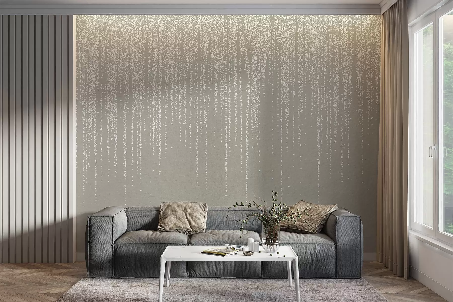 Fotobehang Een verticale, elegante print van gestippelde slingers op een beige achtergrond met structuur, die diepte en beweging creëert w08470