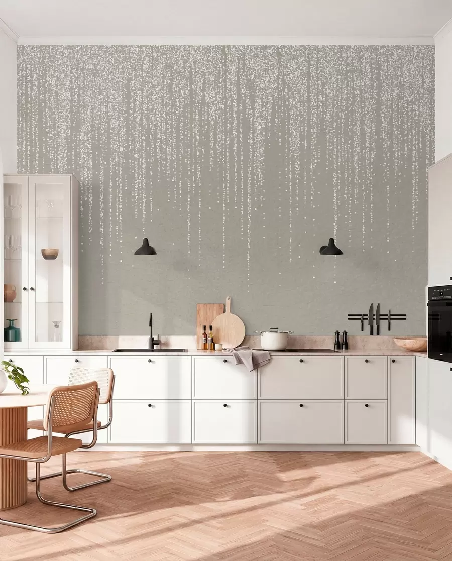 Fotobehang Een verticale, elegante print van gestippelde slingers op een beige achtergrond met structuur, die diepte en beweging creëert w08470