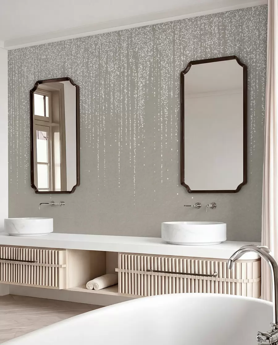 Fotobehang Een verticale, elegante print van gestippelde slingers op een beige achtergrond met structuur, die diepte en beweging creëert w08470