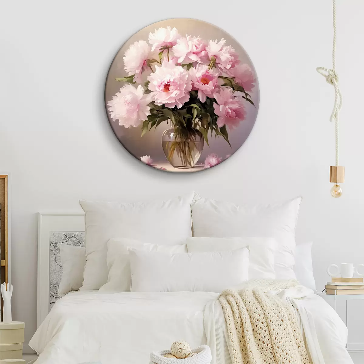 Ronde schilderijen Roze pioenrozen in een glazen vaas op een zwarte achtergrond, imitatie olieverfschilderij, bloemen r38482