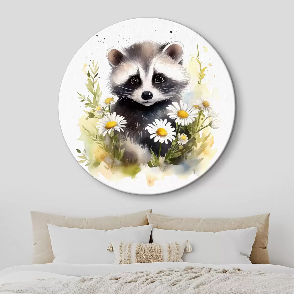 Ronde schilderijen Kleine wasbeer zittend in madeliefjes aquarel kinderillustratie r39336