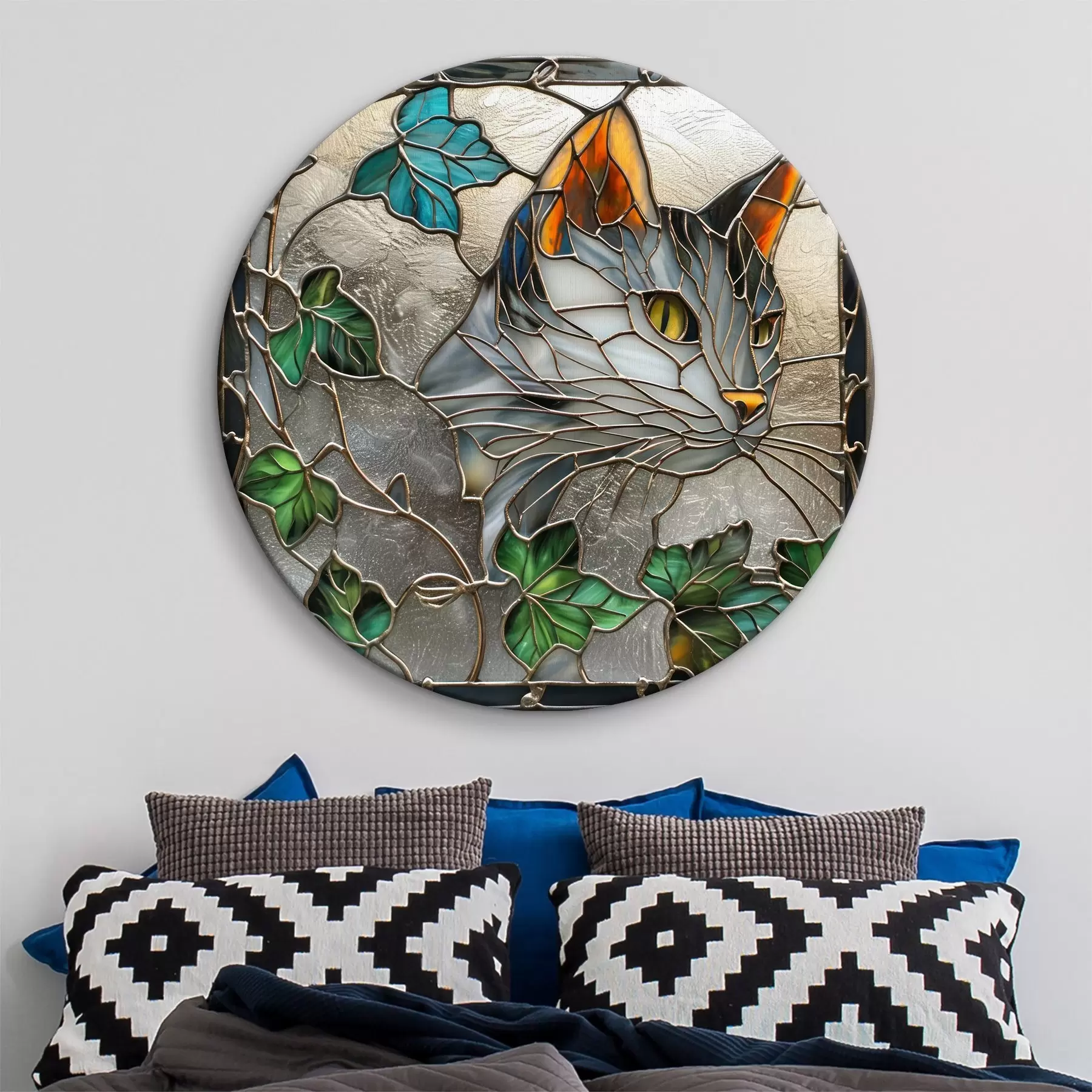Fotobehang Gebrandschilderd glas geïnspireerd kunstwerk: kat tussen herfstbladeren r39448