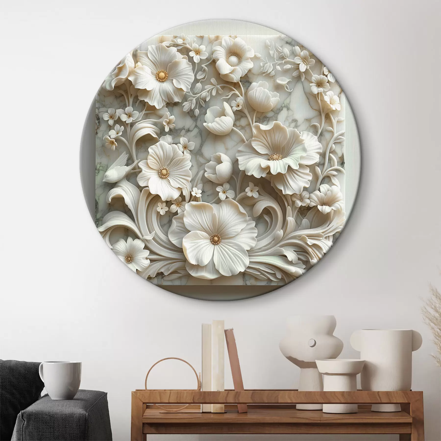 Fotobehang Witmarmeren tuin met bas-reliëf van vogels r39729