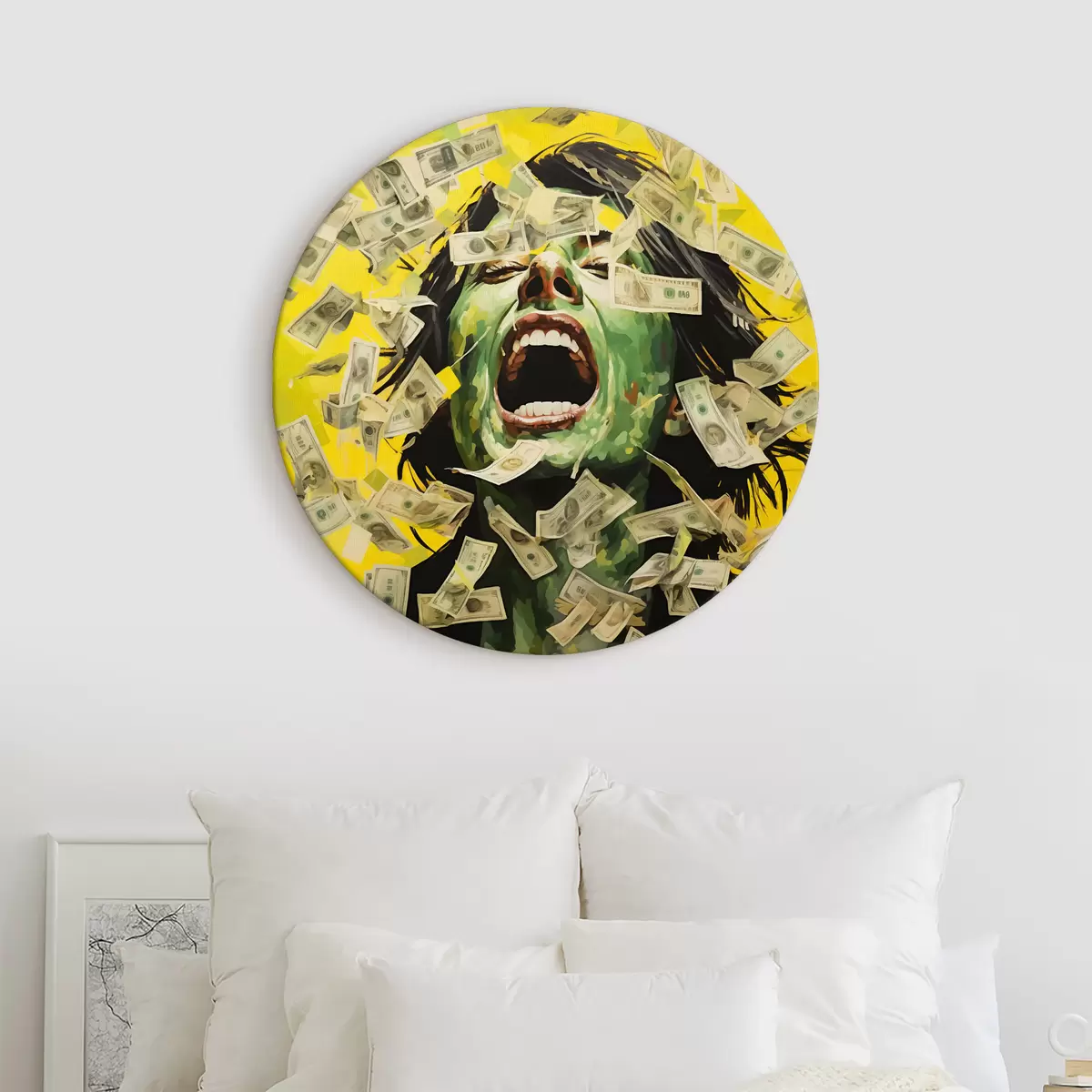 Ronde schilderijen Portret van groene vrouw op geel, schreeuw, papieren rekeningen, geld imitatie van olieverfschilderij r40096