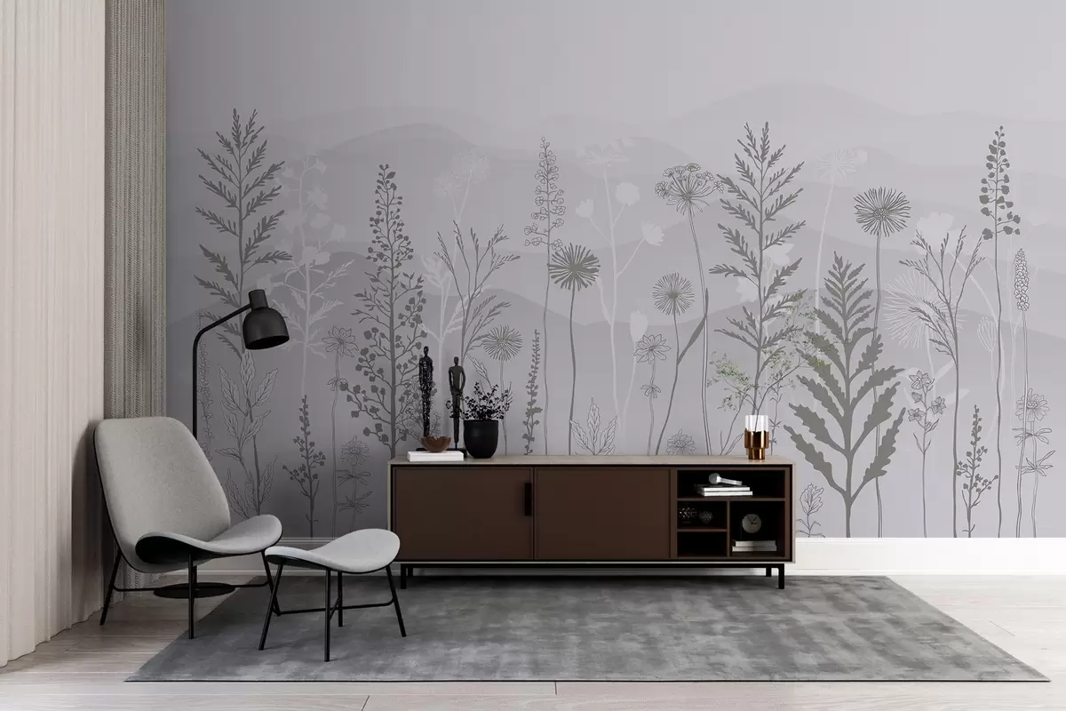 Fotobehang behang in eco-stijl, wilde bloemen in grijstinten w02443