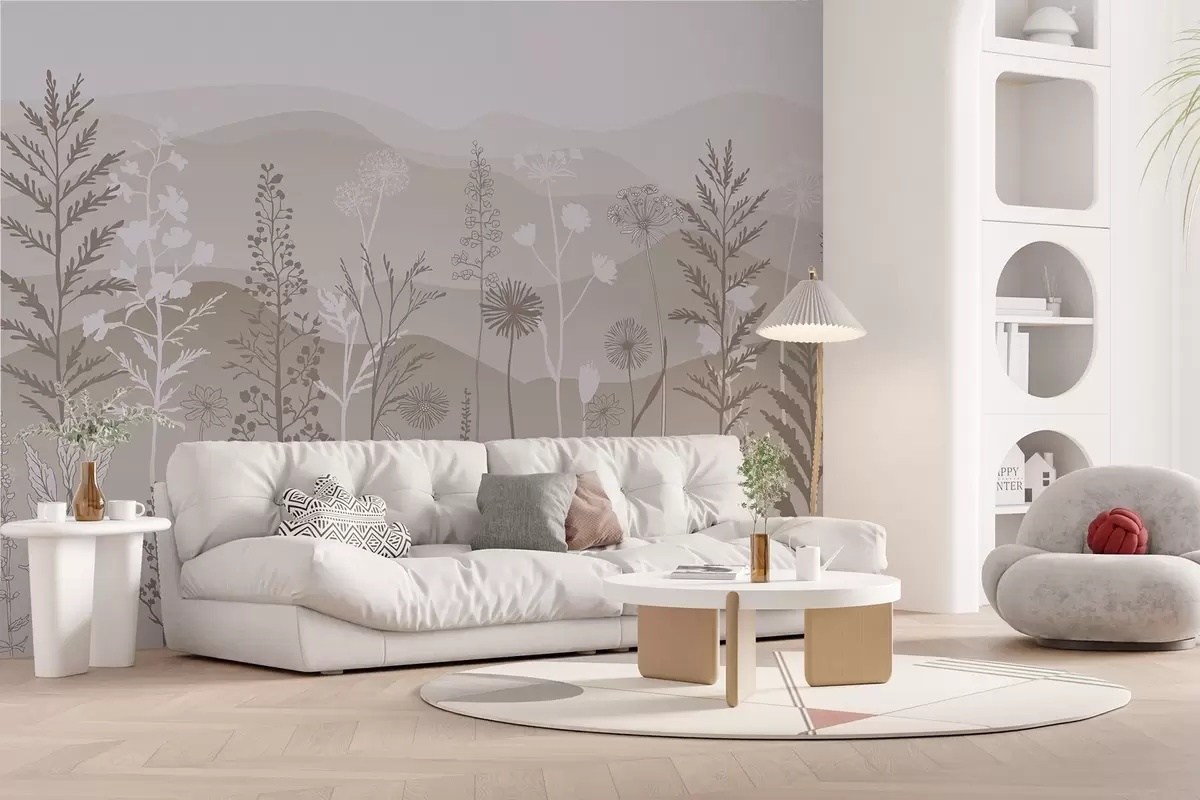 Fotobehang behang in ecostijl, wilde bloemen in lichtbruine tinten w02443v1