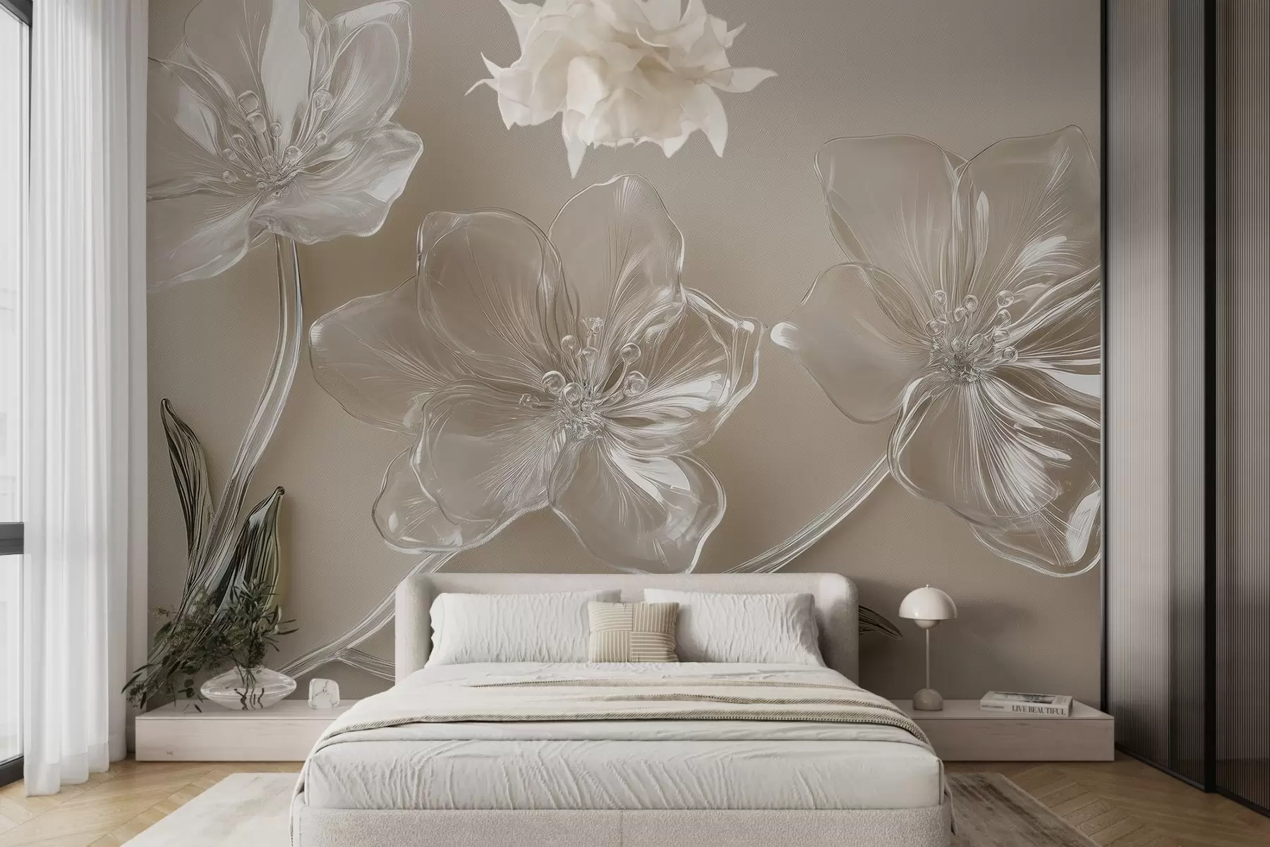 Fotobehang grote bloemen imitatieglas op beige achtergrond w02518