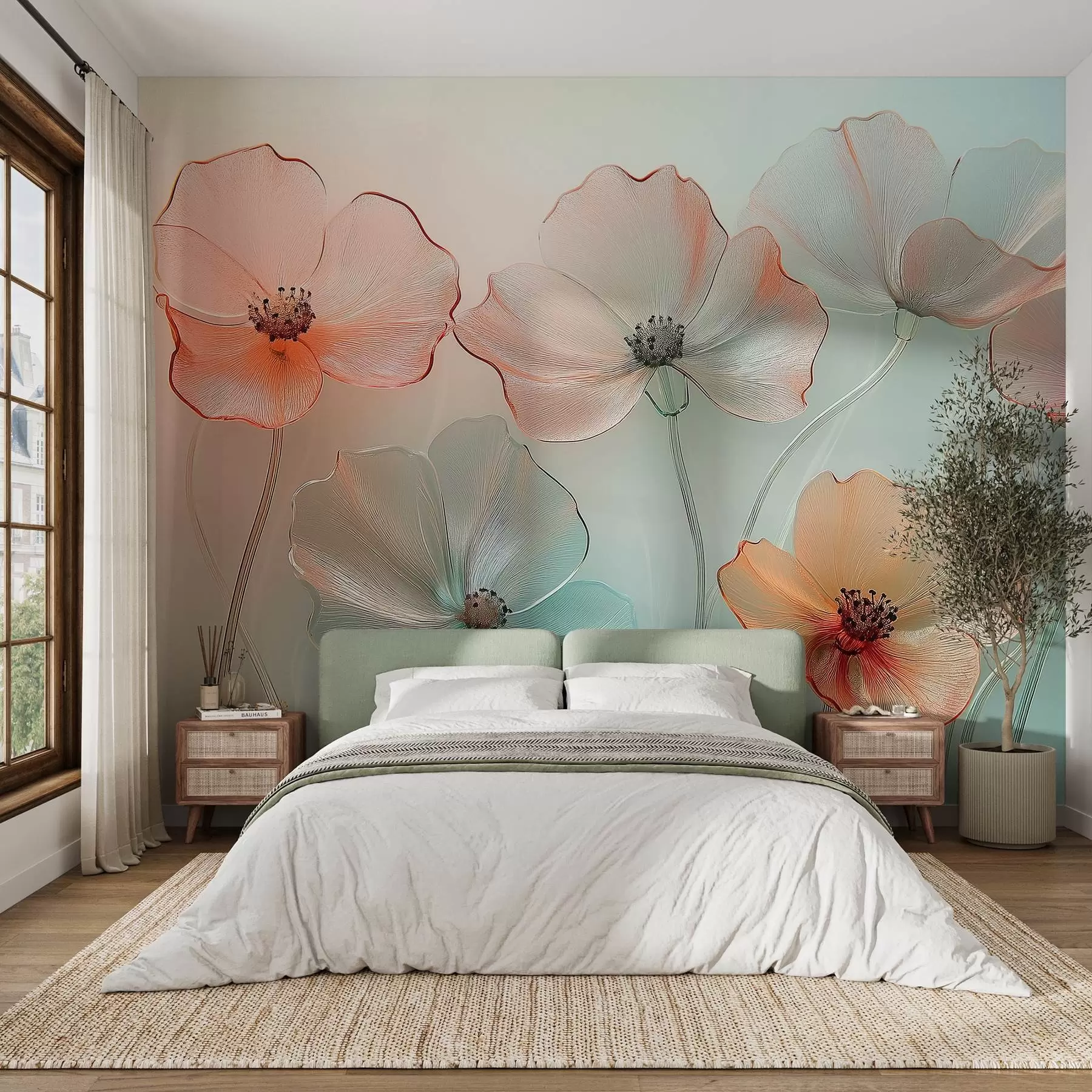 Fotobehang klaproos bloemen imitatie glas in delicate kleuren w02519