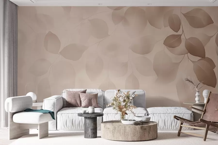 Fotobehang Florale abstractie van bladeren in zachte tinten w08492