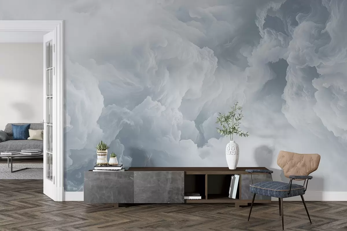Fotobehang Luchtige witte en blauwe wolken drijven in de lucht w08495