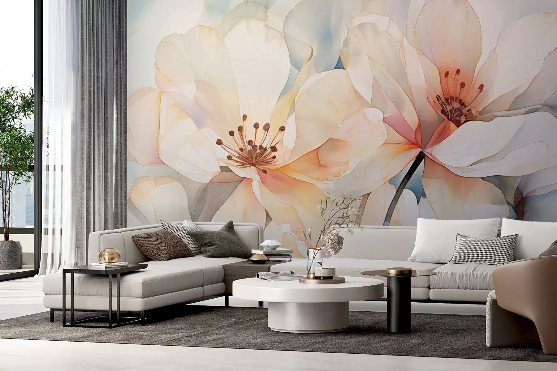 Fotobehang Bloemen met grote bloemblaadjes imitatie van aquarel w02501