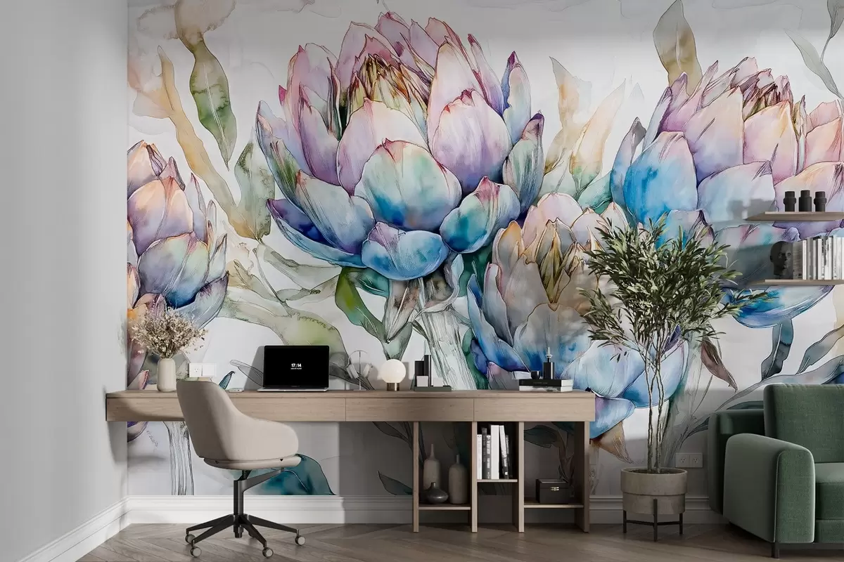 Fotobehang Artisjokken tekening, aquarel stijl, bloemig, paars, beige, groen w02484 kopen - Uwalls.nl Fotobehang Artisjokken tekening, aquarel stijl, bloemig, paars, beige, groen w02484