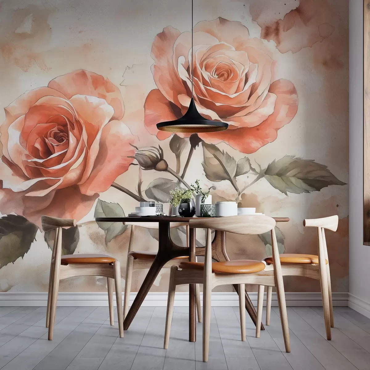 Fotobehang Mooie rode rozen in aquarelstijl, bloemig, beige kleuren w02486