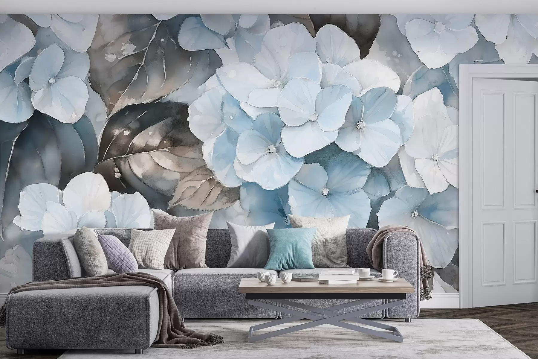 Fotobehang Hortensia bloemen, aquarel stijl tekening, blauwe kleuren, bloemen w02488v1