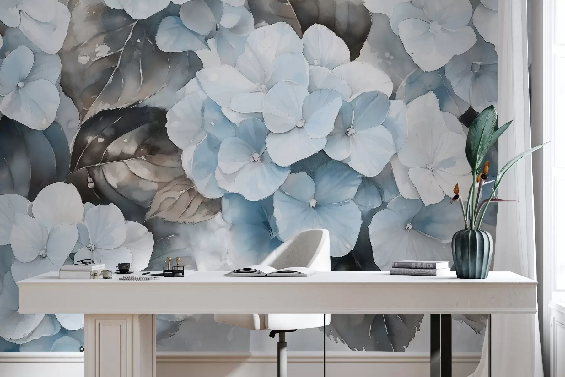 Fotobehang Hortensia bloemen, aquarel stijl tekening, blauwe kleuren, bloemen w02488v1 kopen - Uwalls.nl Fotobehang Hortensia bloemen, aquarel stijl tekening, blauwe kleuren, bloemen w02488v1