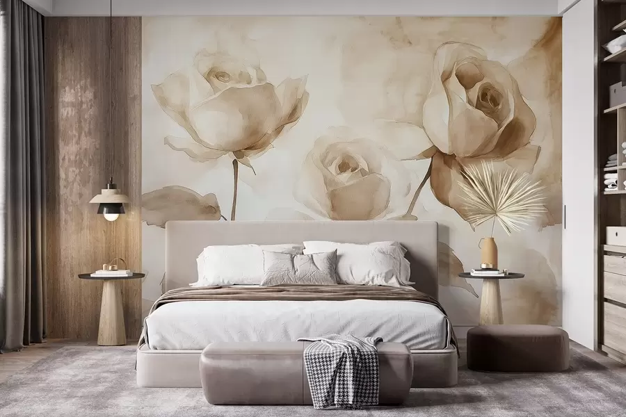 Fotobehang Beige rozen, bloemen, zachte aquareltekening, rustiek, bohemien w02490